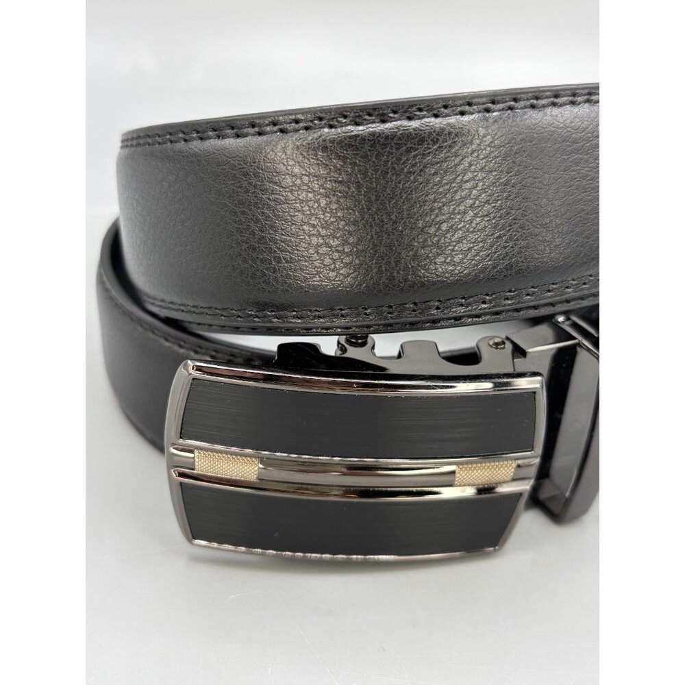 Black Leather Belt Ratchet Silver & Black Buckle Mens 38"-46"